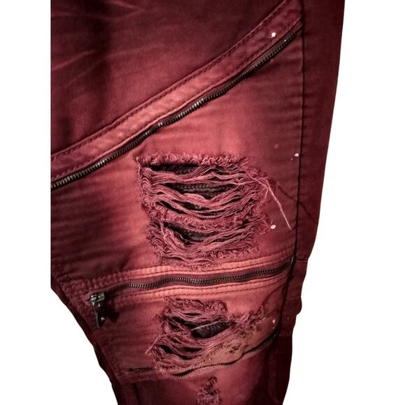 M652)Smoke Rise Burgundy Biker Distressed Splatter Zipper Tapper Jeans Sz 42/32 - Picture 4 of 9